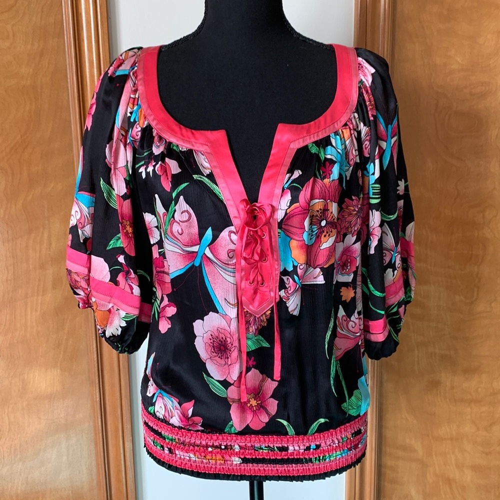 Bebe Floral Butterfly Lace-up Tie Silk Top